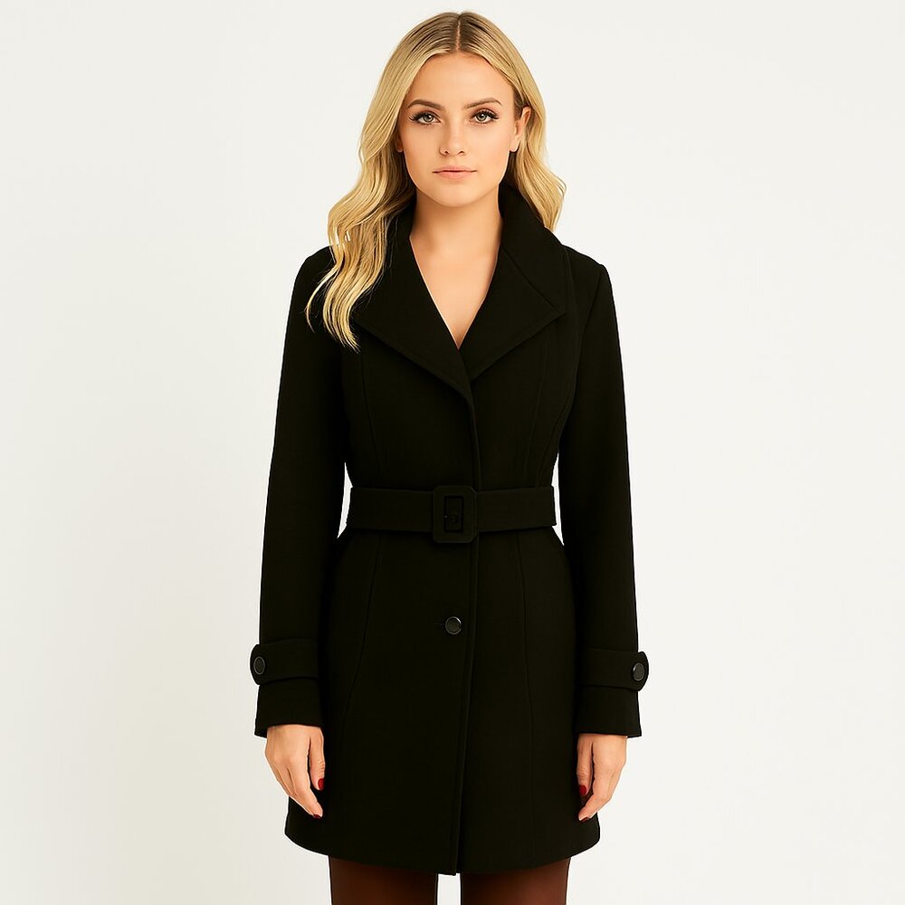 George Simonton 100% Lambswool Coat Size 2 Black Fully lined Belt